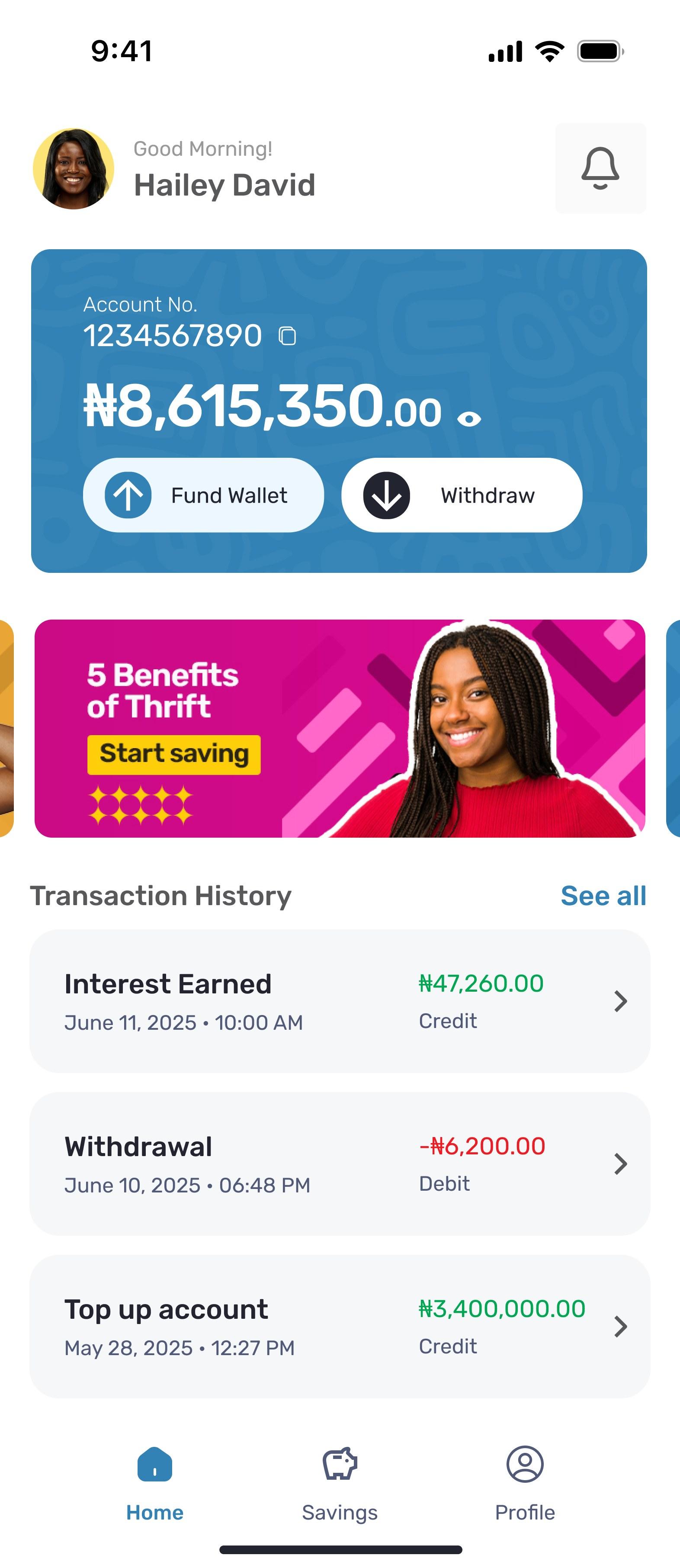 Ajo360 home: wallet balance, fund and withdraw, transaction history