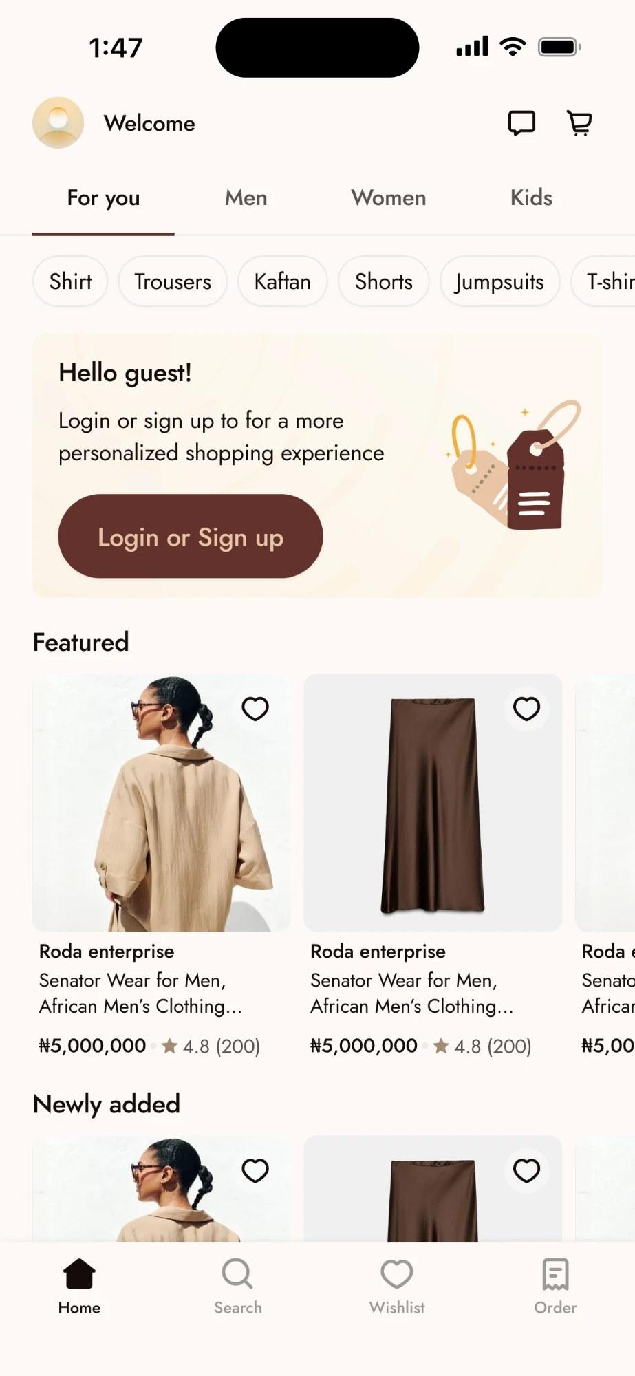 Style Connect home: For you, Men, Women and Kids tabs, category chips, and featured products